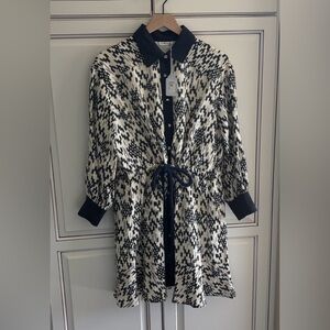 Hermoza Rebecca Linen Belted Shirt Sundress Dress Blue Geometric Womens Small